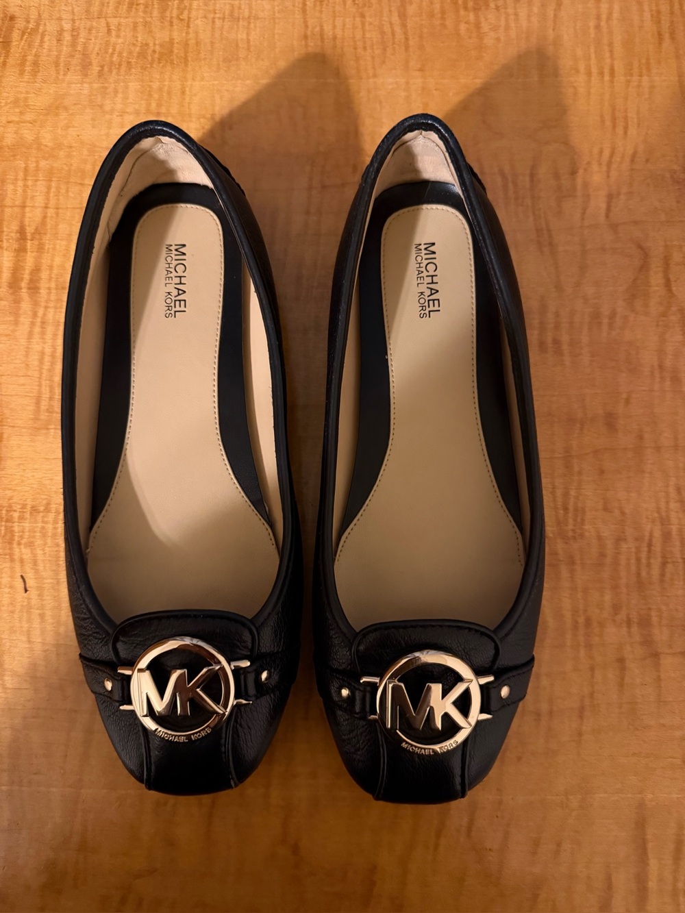 Michael Kors Black Leather MK Logo Round-Toe Ballet Flats